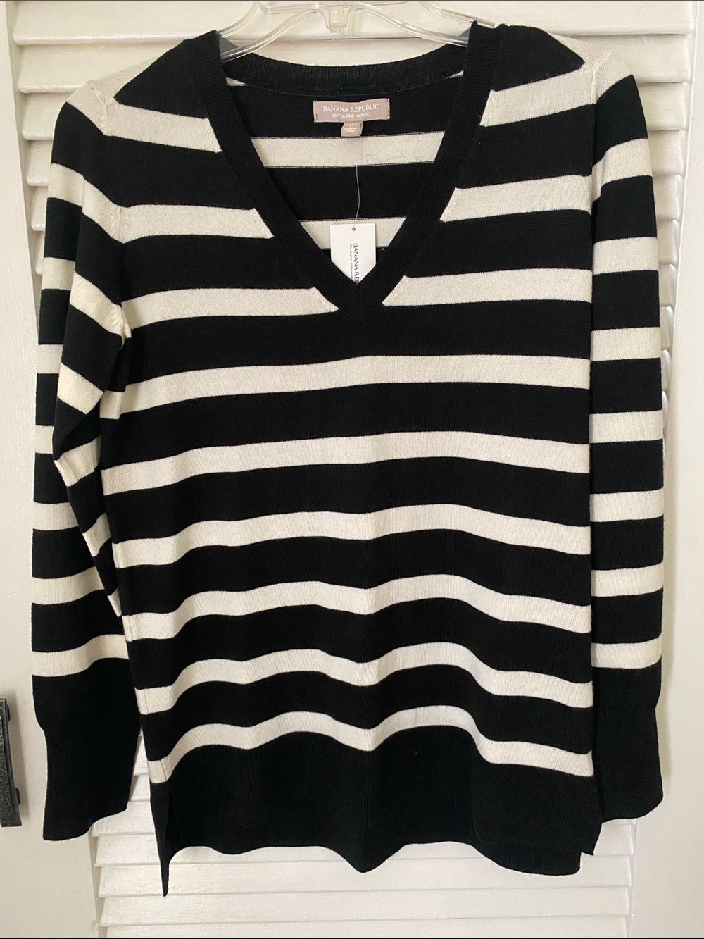 Banana Republic Black and White Striped V-Neck Sweater